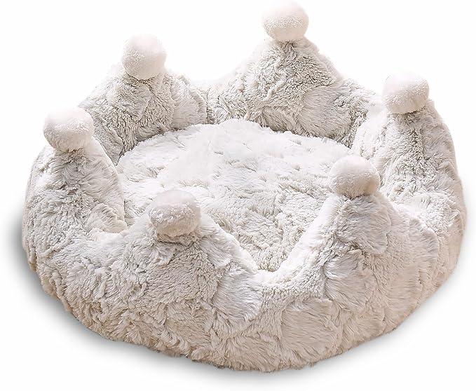 PetPals Crown Shaped Washable Cat Bed Made by Designed Pattern Soft Plush | Removeable Cushion, Super Soft Rose Patten Faux Fur Pet Bed for Small Animals, with Anti-Slip Bottom, 18 inch Round Bed by Petpals
