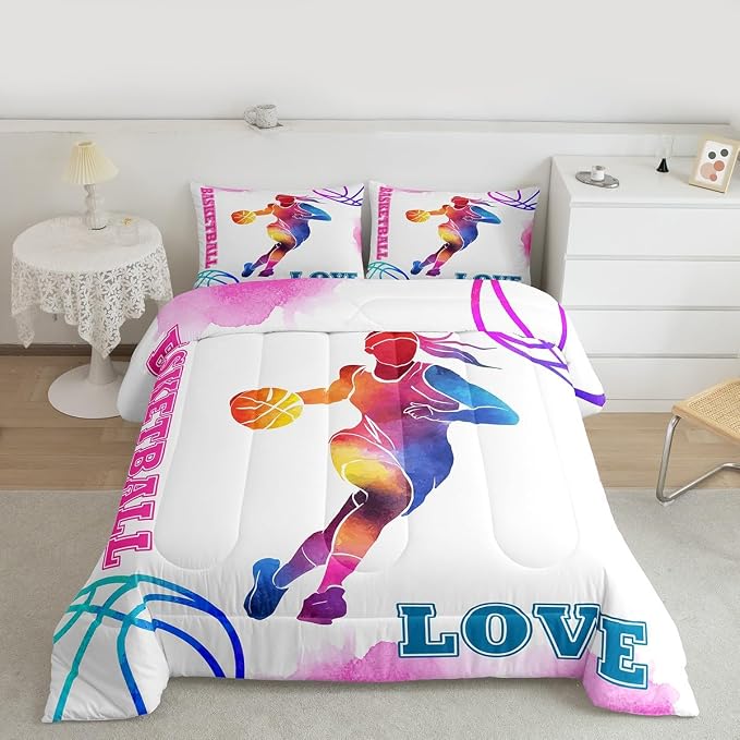 Basketball Lovers Kids Comforter Set Queen Size,Modern Sports Games Competition Bedding Set,Girls Boys Adults Room Decor,Hand Painted Fashion Down Comforter,Pink Purple Duvet Insert,2 Pillowcases - Image 4