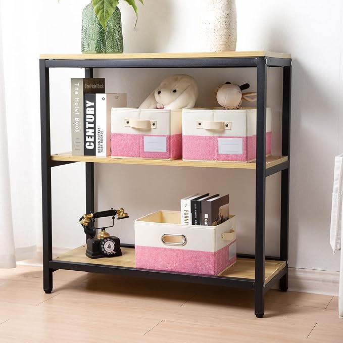 PRANDOM Fodable Storage Bins for Closet [3-pack] Decorative Fabric Storage Baskets Cubes with Leather/Metal Handles for Shelves Bedroom Living Room Pink&Cream (11.5x8.5x6.7 Inch) - Image 2