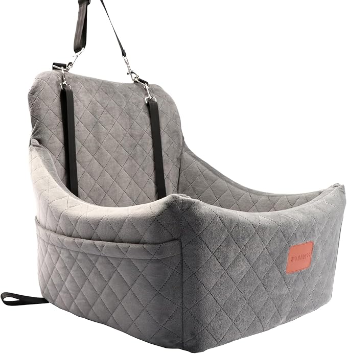 WOOAIDAGG Dog Car Seat for Medium Sized Dog,Pet Travel Car Bed with Seat Belt Channle,Fully Detachable and Washable Car Dog Seat with Adjustable Straps,3 Straps Easy to Install (Grey) by WOOAIDAGG