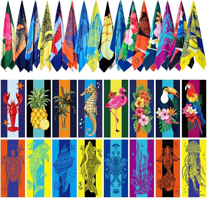 Redbaker 16 Packs 59 x 28 inches Oversized Hawaiian Beach Towel Bulk Extra Large Pool Towels Set Microfiber Quick Dry Swim Towel Blanket for Women Men Adult Bath Travel(Bright Colors) by Redbaker