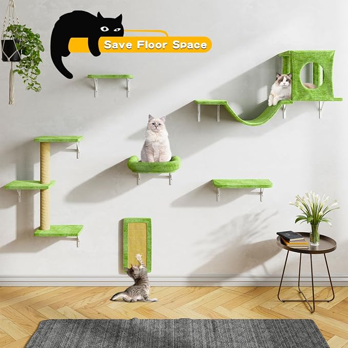 NUNU LAB Wall Mounted Cat Furniture Set - 6 Pcs Climber Set with House, Bridge, Steps, Scratcher Board - DIY Walls Playground, Indoor Cat Shelves - Green - Image 3