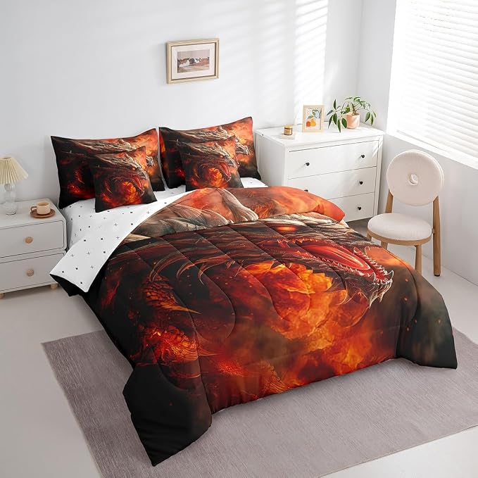 7 Pieces Comforter Set Full Size, Red Fire Dragon Bedding Bed in a Bag with Flat Sheet and Fitted Sheet for Kids and Adults, 3D Fire Dragon Comforter Set with Sheets, Pillowcases & Pillow Covers - Image 2