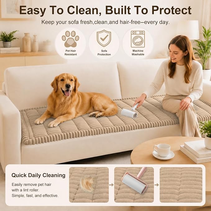 decorUhome Couch Cover for Dogs, Non Slip Fuzzy Thick Pet Sofa Protector | Pet Friendly, Machine Washable, Fits 4-Cushion Sofa, Protects Against Pet Hair, Scratches & Daily Messes, Khaki, 27.6" x 88" - Image 4