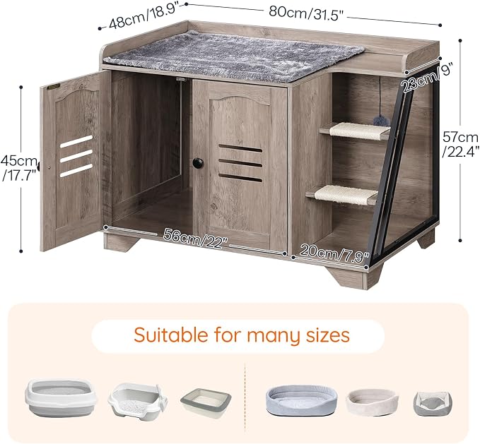 HOOBRO Cat Litter Box Enclosure with Ladder, Hidden Litter Box Furniture with Rechargeable 3-Color LED, Plush, Teaser Balls, 31.5" L x 18.9" W x 22.4" H, All-in-One, Black and Greige BG48MW01G1 - Image 8