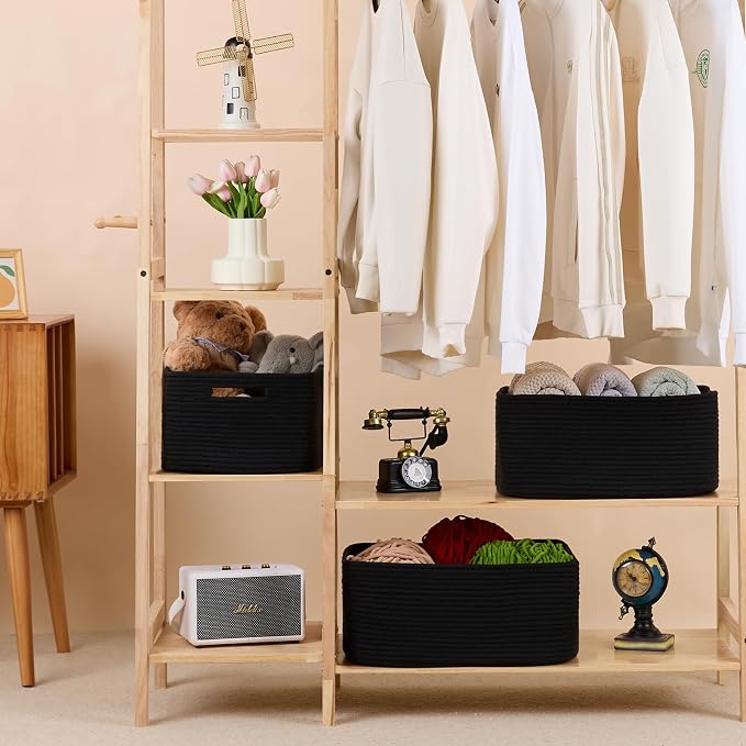 MiniArk Large Storage Baskets for Shelves, 17 x 13 x 7.5” Closet Organizers Bins for Clothes Blanket Towels, Baby Nursery, Toy Baskets Box, Woven Rope Baskets, 2 Packs Black - Image 3