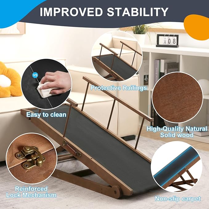 Dog Ramp for Bed and Couch- 5 Height Adjustable Premium Solid Wood Pet Ramp for Small, Medium Dogs, Collapsible Anti-Slip Dog Ramp for Sofa, Couch & Beds (Brown, 115)