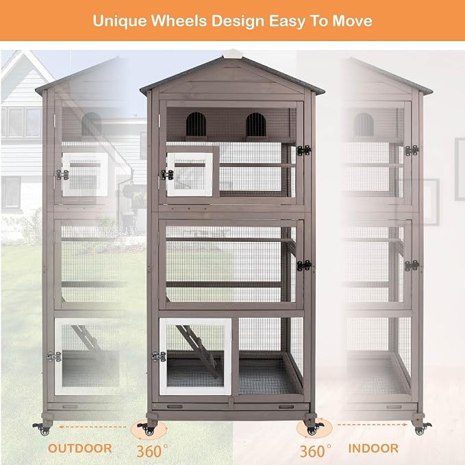 Gowoodhut 68.8"L Outdoor Bird Aviary Indoor Wooden Large Bird Cage Parakeet Cage on Wheels,Removable Wire Netting Slide Pull Out Tray, 2 Perches, Nest House,Ideal for Small Birds,Finches,Parrots,Grey - Image 6