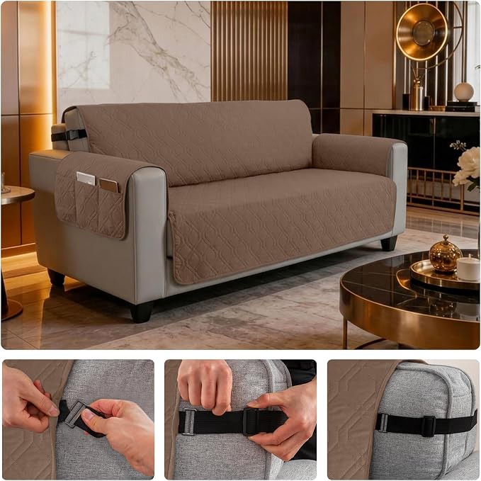 100% Waterproof Quilted Couch Cover,Straps&Pockets,68" Darkbrown | Washable sofa cover, pet-friendly, scratch-resistant furniture protector, quilted sofa cover, reversible, non-slip backing. - Image 6