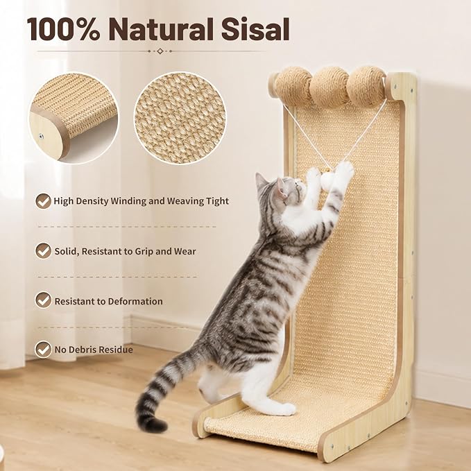 26.8 "Large Sisal Cat Scratcher with Sisal Ball and Bell Plush Toy | Wooden Cat Scratcher Pad, L-Shaped Scratching Post for Indoor Cats Adults, Vertical Cat Scratcher Board to Protect Furniture - Image 2