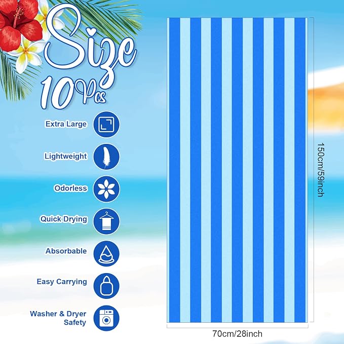 EBOOT 10 Pack Oversized Beach Towel Set Extra Large Pool Towels Microfiber Quick Dry Swim Blanket for Adult Women Men Face Hand Body Bath Travel Pool(Mixed Color,36 x 72 Inch,Fresh Stripe) - Image 2
