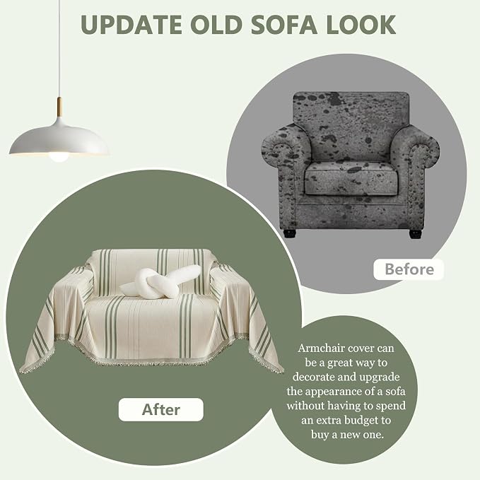 DREAMINGO Chenille Armchair Cover Jacquard Sofa Covers Washable Furniture Protector Recliner Couch Cover 1 Cushion Reversible Chair Cover Beige Green Striped Couch Cover Blanket 71"x 71" - Image 2