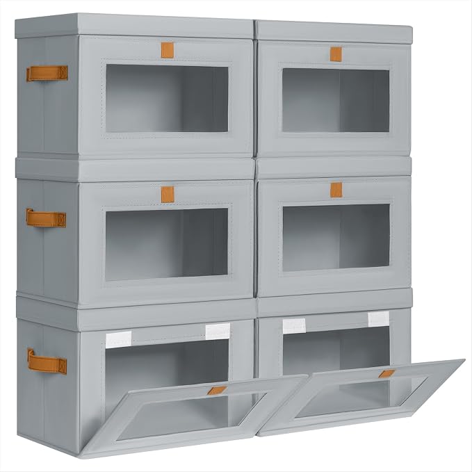 Homsorout Medium Fabric Storage bins - Collapsible Storage Bins with Open Window, 6 Pack Closet Baskets for Shelves, Stackable Decorative Boxes for Home, Dorm, Grey, 13.7"x 9.8" x 9.8" by Homsorout