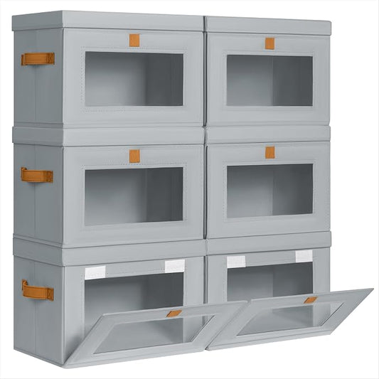 Homsorout Medium Fabric Storage bins - Collapsible Storage Bins with Open Window, 6 Pack Closet Baskets for Shelves, Stackable Decorative Boxes for Home, Dorm, Grey, 13.7"x 9.8" x 9.8" by Homsorout