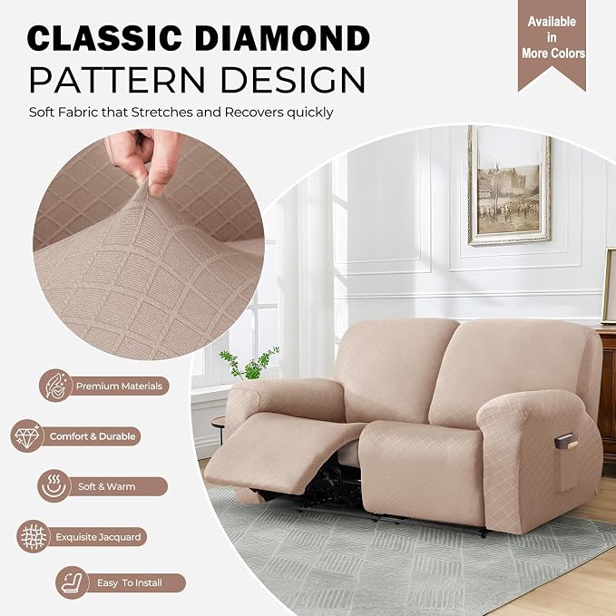 vctops Diamond Recliner Loveseat Slipcover 6-Pieces Stretch Dual Recliner Sofa Covers for 2 Seat Dual Reclining Loveseat Couch Soft Solid Furniture Protector (Camel,2 Seat) - Image 3