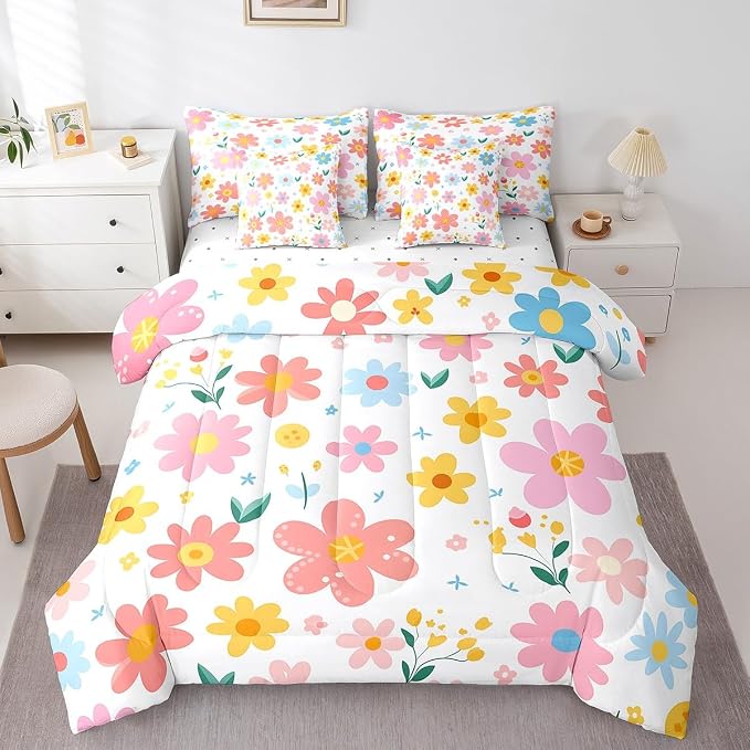 Feelyou Cute Flower 7 Piece Bedding Set King Size Kids Cartoon Cute Floral Bed in a Bag for Kids Girls Teens Toddler Yellow Pink Comforter Set with Sheets Kawaii Bed Set - Image 3