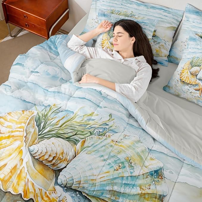 Erosebridal Kids Coastal Bed in A Bag Twin, Summer Beach Nautical Comforter Set with Sheets for Boys Girls Teens Adults, Shell Seaweed Starfish 7 Pieces Bedding Set, Sea Waves Marine Life Bed Sets - Image 7