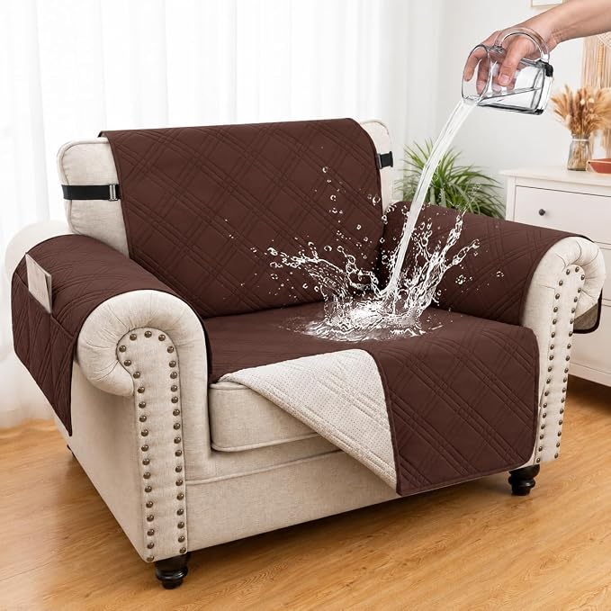 100% Waterproof Couch Cover for Dogs, Anti-Slip Washable Sofa Cover with Elastic Straps & Side Pockets, Durable Furniture Protector for Kids, Pets & Dogs (Armchair 23", Coffee) by Unknown
