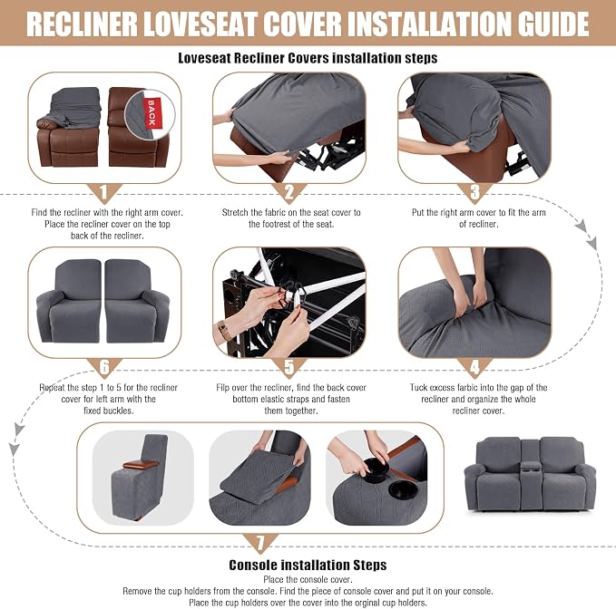 VANSOFY Stretch Recliner Loveseat Cover with Middle Console, Dark Gray | 4-Pieces, Soft Furniture Protector, Washable Slipcover with Pocket, Pets Sofa Cover, High Stretchy fabric Couch Cover - Image 6