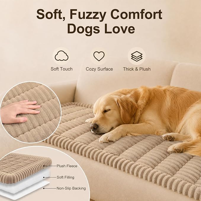 decorUhome Couch Cover for Dogs, Non Slip Fuzzy Thick Pet Sofa Protector | Pet Friendly, Machine Washable, Fits 4-Cushion Sofa, Protects Against Pet Hair, Scratches & Daily Messes, Khaki, 27.6" x 88" - Image 2