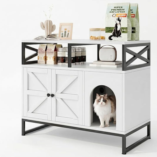 DreamDashio Cat Litter Box Enclosure with Shelves, 35.4" Hidden Litter Box Furniture, Enclosed Litter Box Cabinet with Storage, Farmhouse Indoor Cat House for Living Room, Bedroom, Entryway, White by Dreamdashio