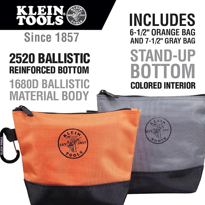 Klein Tools 80056 Tool Bag Storage Kit, 1680d Stand-Up and Canvas Zipper Pouches, Assorted Colors, 6-Piece - Image 2