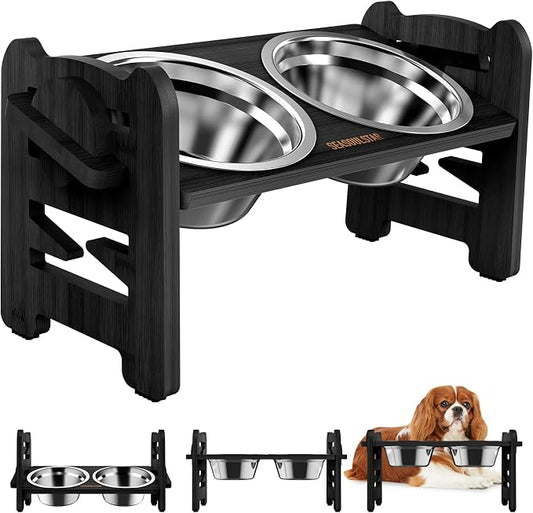Elevated Dog Bowls - Adjustable Raised Dog Bowls - Dog Bowls with Stand - Dog Feeding Station for Small Dog and Cat with 2 Stainless Steel Bowls and Non-Slip Feet, Durable, Bamboo (Black) by Unknown
