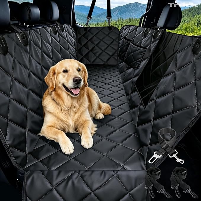 Truck Dog Seat Cover for Pickup Back Seat | Mesh Window & Seat Belt | 100% Waterproof Dog Hammock for Car Safe Travel with Side Door Protectors | Non-Slip, Scratchproof Pet Rear Seat Cover by Comwish