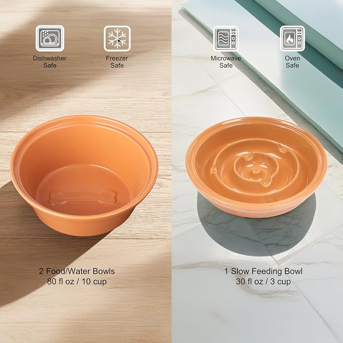 Elevated Dog Bowl Stand with 3 Large Ceramic Bowls – Raised Feeding Station for Medium & Large Dogs, Includes 2 Standard Bowls + 1 Slow Feeder, Durable Iron Frame, Non-Slip (Almond) - Image 5