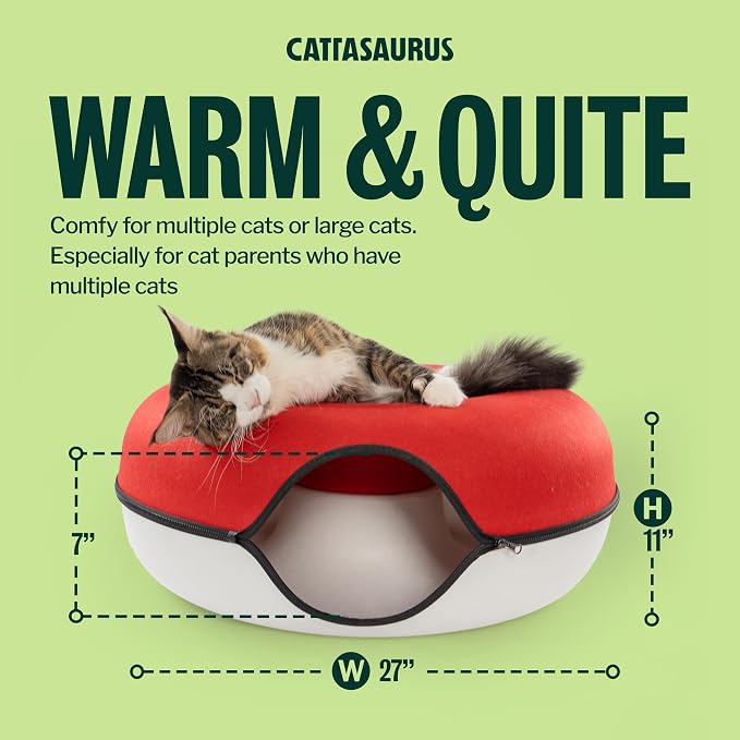 Cattasaurus Peekaboo Cat Cave, Extra Spacious for Multiple & Large Cats 12+ lbs, Scratch Detachable Cat Beds for Indoor Cats, Washable Tunnel Bed, Comfy Donut Tunnel (Ruby Snowball, Jumbo) - Image 2