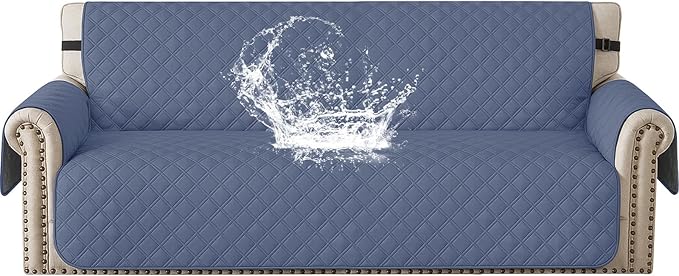 Waterproof Couch Cover for Pets, Sofa Covers for 3 Cushion Couch Washable, Non Slip Couch Covers for Dogs with Side Pockets Elastic Straps, Quilted Couch Covers for Sofa (Sofa, Greyish Blue) by CYCMACOHOME