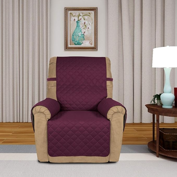 PureFit Reversible Quilted Recliner Sofa Cover, Water Resistant Slipcover Furniture Protector, Washable Couch Cover with Elastic Straps for Kids, Dogs, Pets (Small, Wine/Beige) | Wine/Beige, Water Resistant Couch Protector, Washable Pet Couch Cover wit... - Image 2