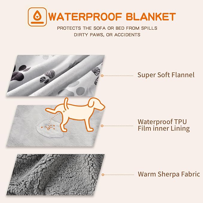 Waterproof Dog Blankets Pet Blanket 50"x60", Soft Fluffy Sofa Car Bed Protector, Reversible Sherpa Fleece Dog Blanket for Large Dogs(Light Grey-Paws) - Image 3