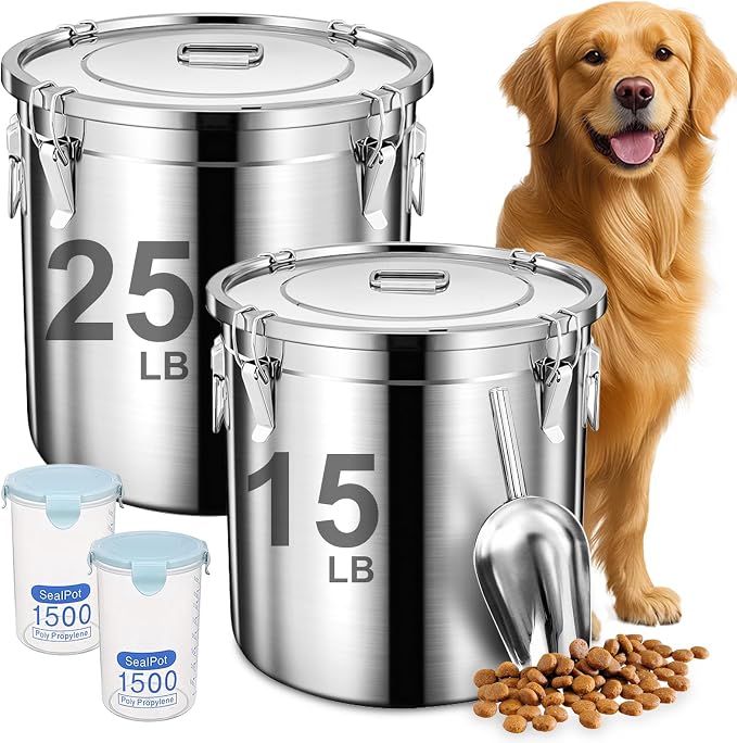 Newget Dog Food Storage Containers, Large Stainless Steel Pet Food Storage Containers 38 lb / 17 kg to Keep Fresh, Metal Airtight Cat Food Containers With Scoop and 2 Small Containers by Newget