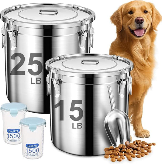 Newget Dog Food Storage Containers, Large Stainless Steel Pet Food Storage Containers 38 lb / 17 kg to Keep Fresh, Metal Airtight Cat Food Containers With Scoop and 2 Small Containers by Newget