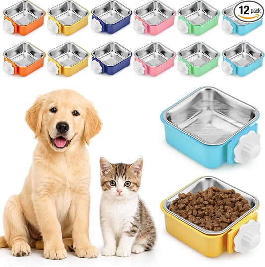 LemonRoad 12 Pcs Dog Crate Water Bowl Bulk No Spill Hanging for Kennel Removable Stainless Steel Puppy Food Water Feeding Bowls Cage Coop Cup for Dogs Cats Rabbits Birds Ferret(Square Bowl) by Unknown