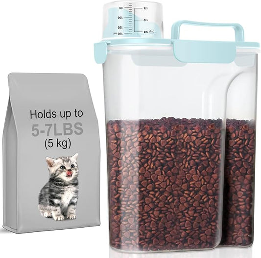 5-7Lbs Airtight Cat Dog Food Storage Container Portable with Upgraded Large Spout and Cup, Plastic Pet Dispenser for Small Animal Kibble, Bird Seed, Oatmeal, Rice, Flour, Brown Sugart-Sky Blue by LEAWALK