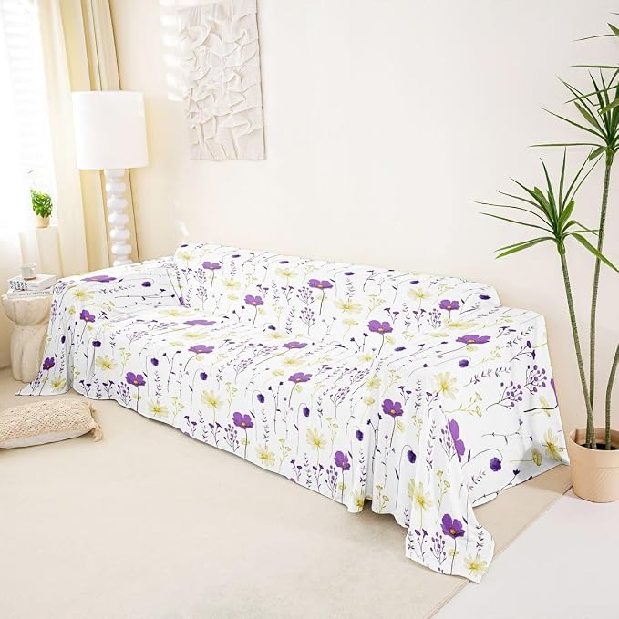 Erosebridal Watercolor Floral Sofa Cover Purple Yellow Flower Couch Cover Modern Minimalist White Sofa Slipcover for Pets, Kids, Dog Rustic Farmhouse Washable Non Slip Couch Protector 71" X 118" - Image 2