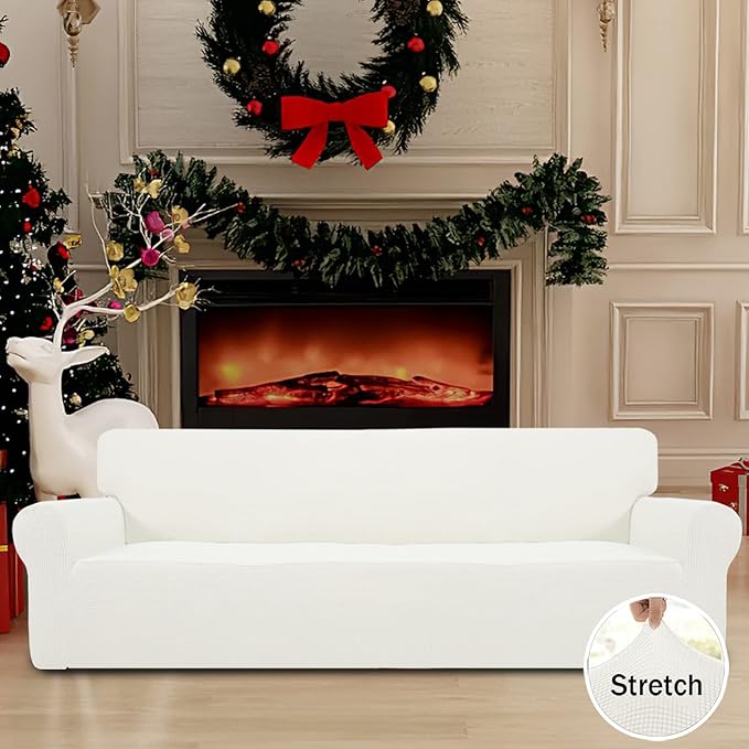 Easy-Going Stretch 4 Seater Oversized Sofa Couch Cover Cream | 1-Piece Extra X-large Sofa Cover Furniture Protector Couch Soft with Bottom for Kids, Spandex Jacquard - Image 3