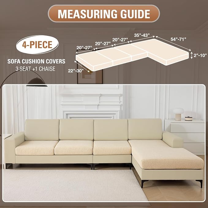 Couch Cushion Covers for Sectional Sofa Stretch Sofa Slipcovers Washable Wear-Resistant Sectional Couch Covers L Shaped Seats Furniture Protectors for Pets(Natural, 3 Seater+1 Chaise) - Image 2