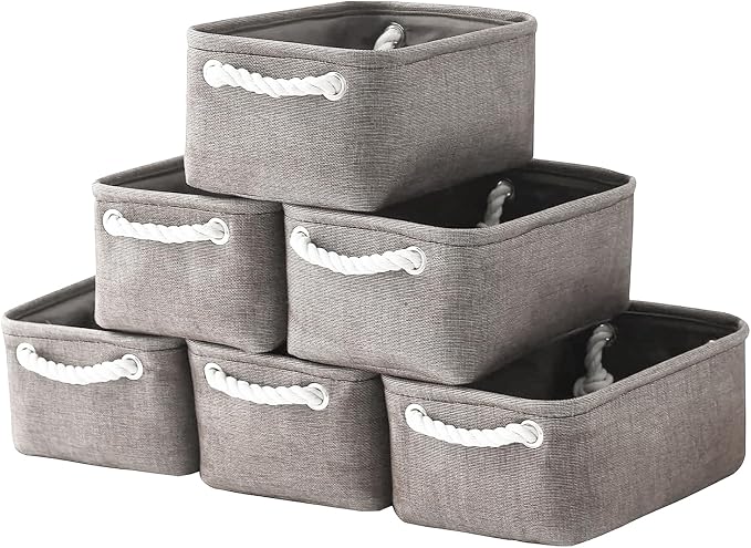 TheWarmHome Foldable Small Storage Baskets with Strong Cotton Rope Handles [6-Pack] Gray Collapsible Storage Bins Set Works Room Storage, Nursery Baskets by TheWarmHome