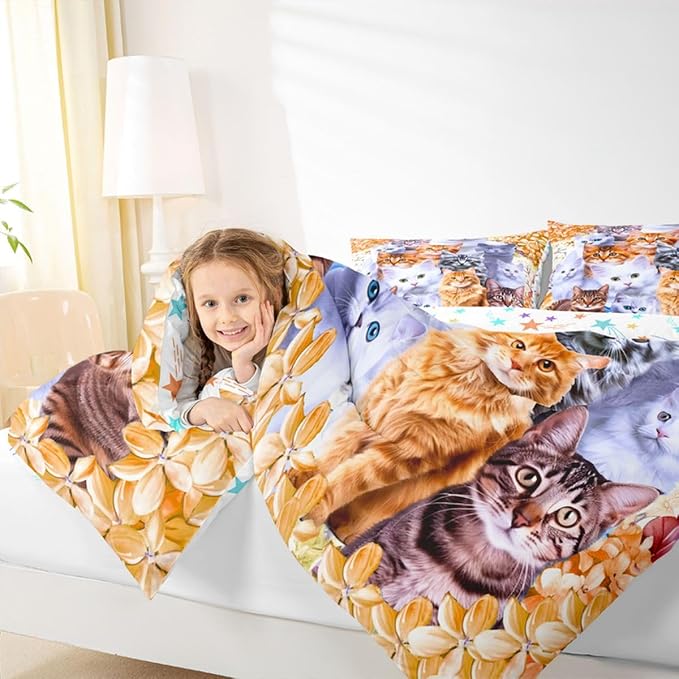 Feelyou Cats Comforter Set Cute Cat Animal Printed Bedding Set for Kids Boys Girls Pet Cat Design Comforter Lovely Floral Orange Quilt with 2 Pillowcases 3Pcs Bedding Full Boys - Image 7