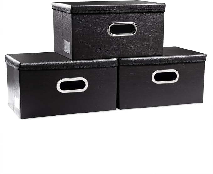 PRANDOM Collapsible Storage Box with Lid [3-Pack] Leather Fabric Foldable Storage Bin Organizer Container Basket Cube with Cover for Home Bedroom Closet Office Nursery Black(13.6x9.6x6.9) by Prandom