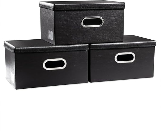 PRANDOM Collapsible Storage Box with Lid [3-Pack] Leather Fabric Foldable Storage Bin Organizer Container Basket Cube with Cover for Home Bedroom Closet Office Nursery Black(13.6x9.6x6.9) by Prandom