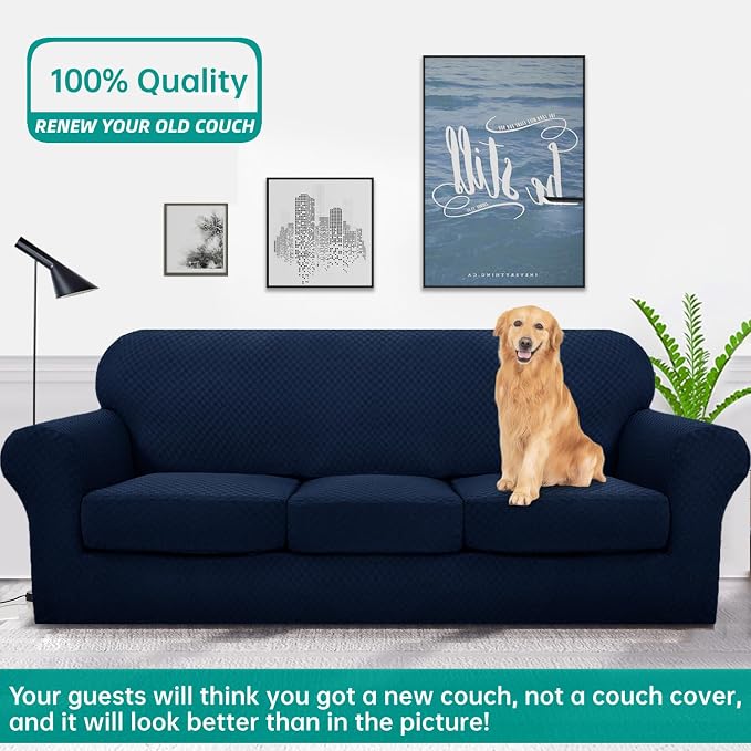 YEMYHOM Latest Checkered 4 Pieces Couch Covers for 3 Cushion Couch High Stretch Thickened Sofa Cover for Dogs Pets Elastic Slipcovers Living Room Furniture Protector (Navy), 71"-91"(3 Cushions) - Image 2