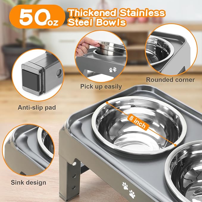 Elevated Bowls, 4 Height Adjustable Raised Stand With 2 Thick 50oz Stainless Steel Food Bowls, Non-Slip Feeder for Large Medium Dogs, Adjusts to 3.7", 9.2", 10.75", 12.36" Grey - Image 4