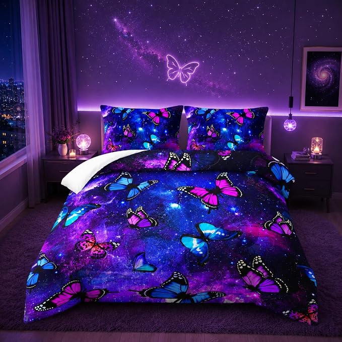 Nttopship Twin Size Galaxy Starry Sky Bedding Set, Violet Butterfly Comforter Set with 1 Comforter and 2 Pillowcases by Nttopship