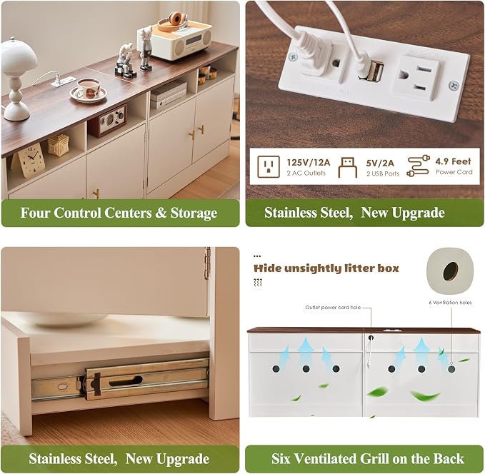 Cat Litter Box Enclosure for 2 Cats, TV Stand with Storage & Outlet, 63" Double Litter Box Enclosure Furniture, Wooden Enclosed Litter Box Cabinet, 63”L x 15.7”W x 23.6”H, White & Walnut - Image 7