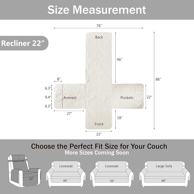Quilted Recliner Chair Covers, Water-Repellent Slipcovers, Off White Recliner Covers Stay in Place, Pet Friendly ReclinerCover for Dogs, Washable Chair Covers (Recliner 22", Ivory White) - Image 6