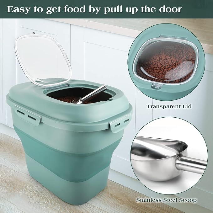 TIOVERY Dog Food Storage Container, Airtight Collapsible 13lb to 30lb Pet Food Container with Flip Top, Rolling Wheel, Scoop and 3L small container for Dog Cat Food and Dry Food of Rice, Flour - Image 3